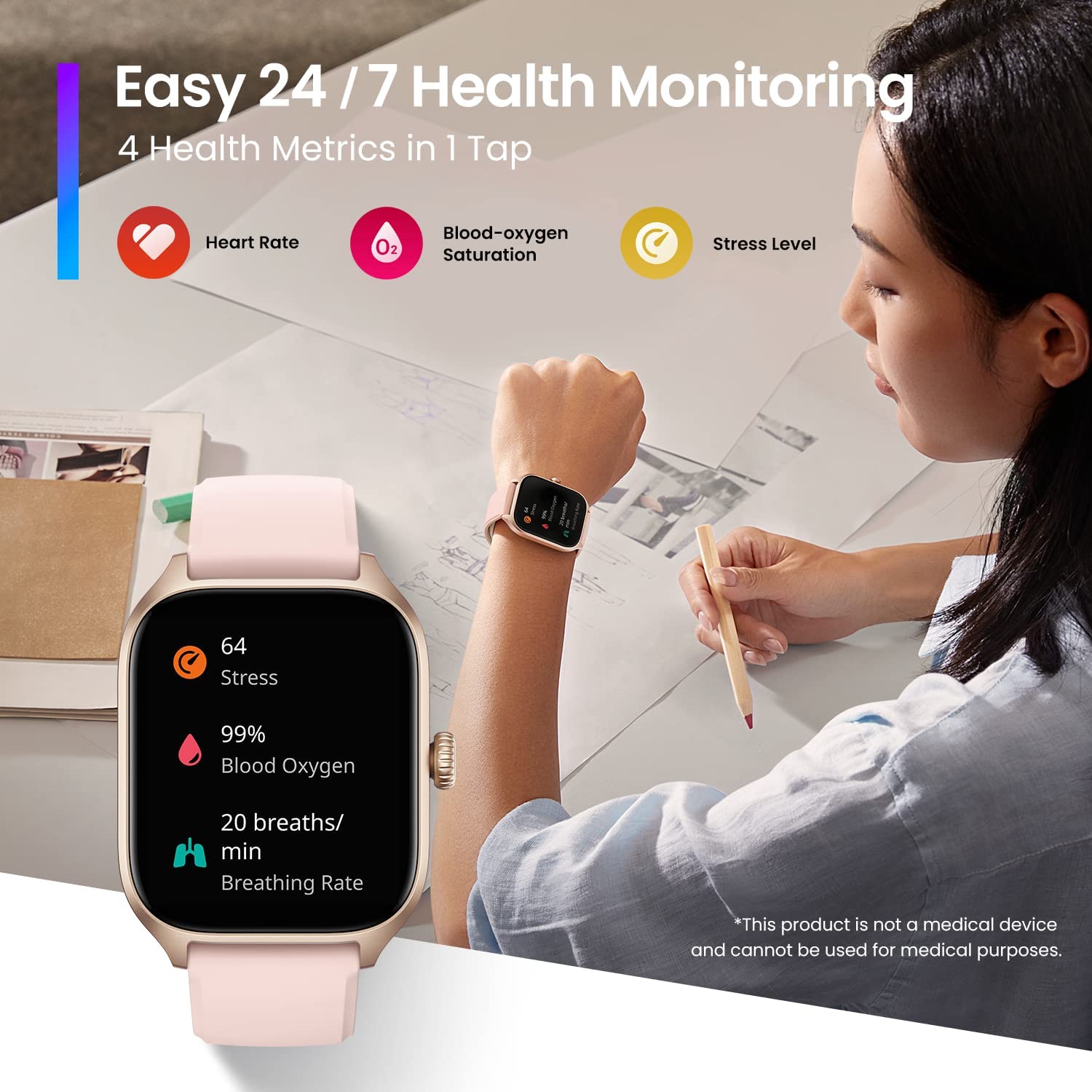 Amazfit GTS 4 Smart Watch for Women, Dual-Band GPS, Alexa Built-in, Bluetooth Calls, 150+ Sports Modes, Heart Rate SPO₂ Monitor, 1.75” AMOLED Display, Health Fitness Watch for Android iPhone, Pink