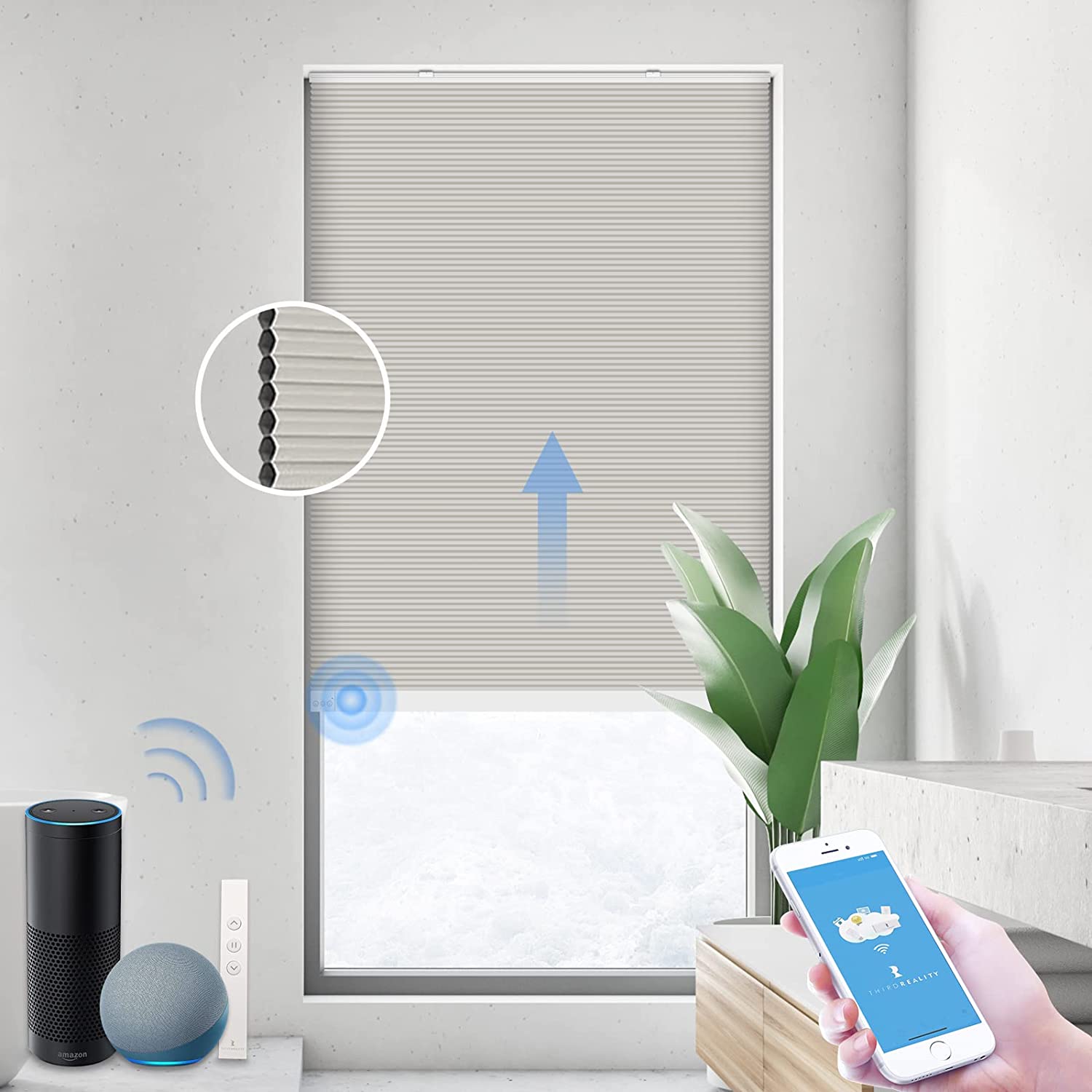 THIRDREALITY ZigBee Smart Blind, Motorized Blackout Window Shades with Remote, Cordless Honeycomb Blinds, Automatic Height Setting, AA Batteries Powered, 26