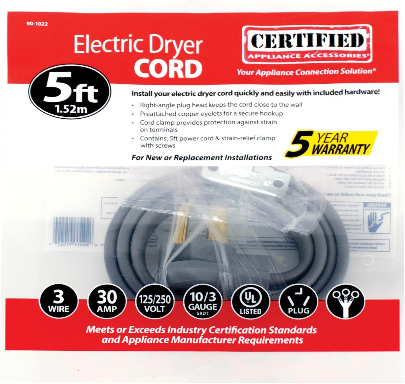 Certified Appliance Accessories 30-Amp Appliance Power Cord, 3 Prong Dryer Cord, 3 Wires with Eyelet Connectors, 5 Feet, Copper Wire