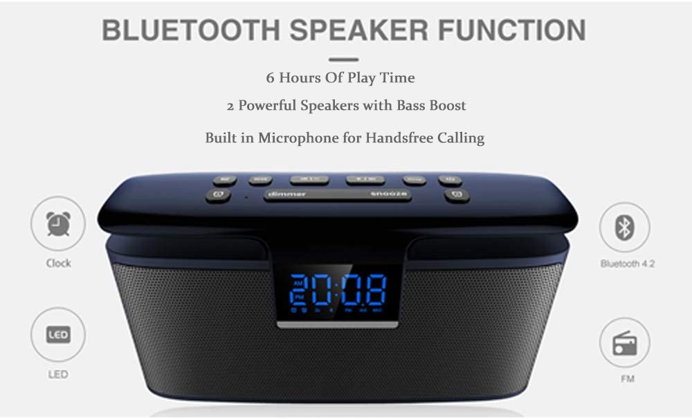 Emerson Portable Bluetooth Speaker, 12W Stereo, USB Charging, Hands Free Calling, Night Light, ER-BT200 Clock and FM Radio, Dark Gray