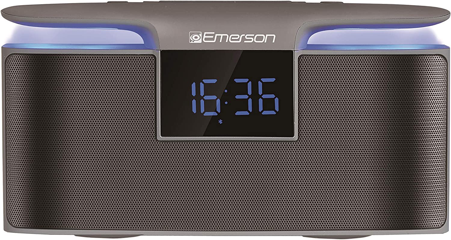Emerson Portable Bluetooth Speaker, 12W Stereo, USB Charging, Hands Free Calling, Night Light, ER-BT200 Clock and FM Radio, Dark Gray
