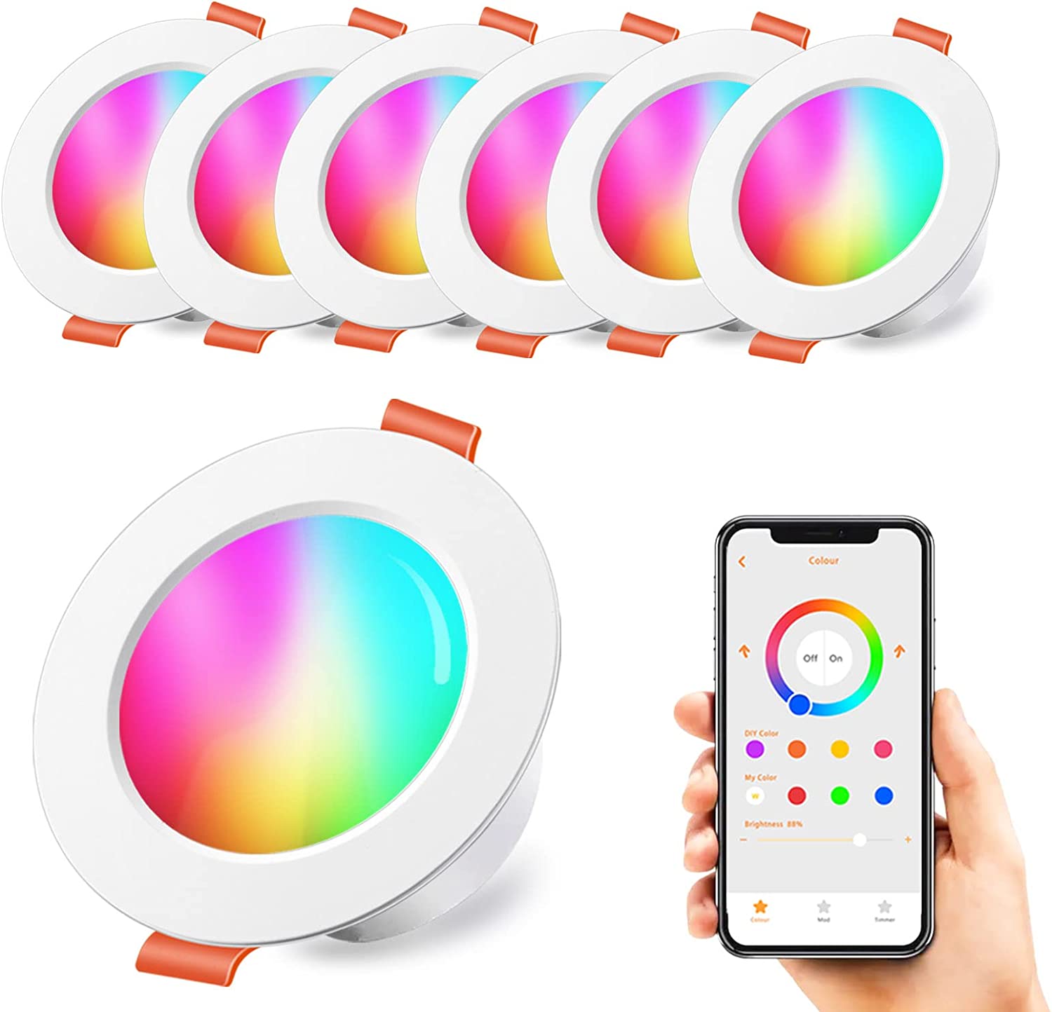 HEKEE Recessed Ceiling Light, 6 Inch Bluetooth Smart Recessed Lighting Color Changing Bluetooth 16W LED Downlight, 1350 Lumen Dimmable (6 Pack)