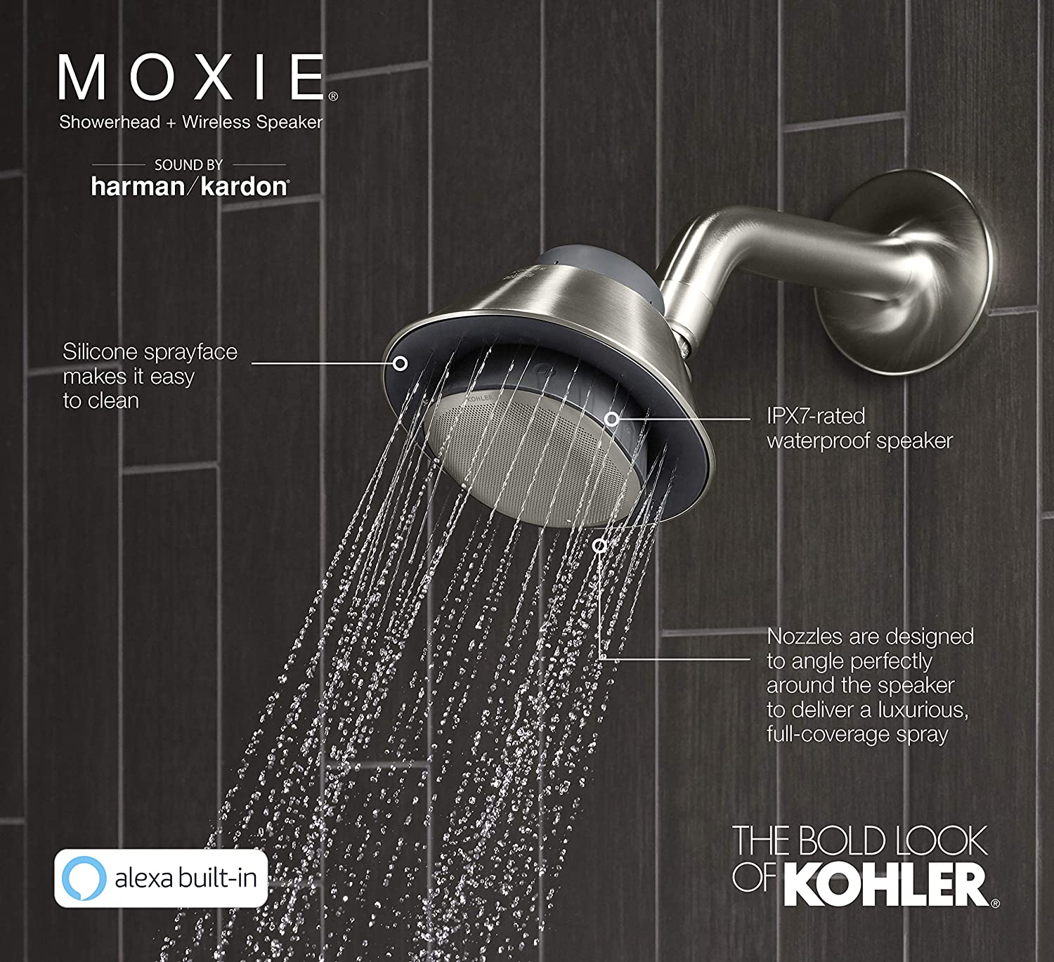 KOHLER Moxie Alexa Enabled Showerhead, Bluetooth Shower Speaker, Shower Radio, Rechargeable Speaker, Portable Speaker, 1.75 GPM, K-28238-GKA-BL, Matte Black