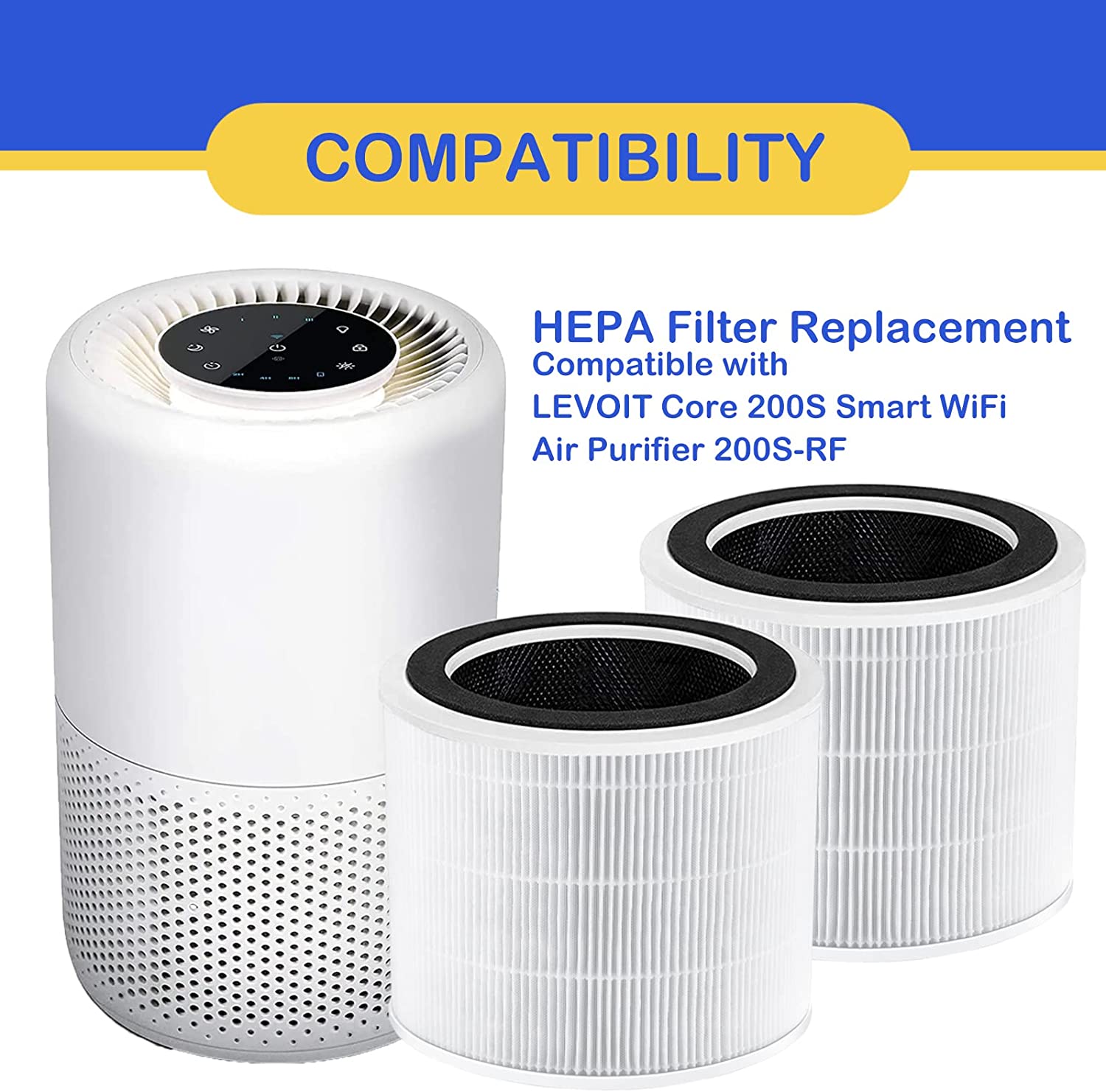 Pet Core 200S HEPA Filters Replacement Compatible with LEVOIT Core 200S Smart WiFi Air Cleaner Purifier, 3 in 1 Filtration Systems HEPASilent and Activated Carbon Filter, 3 Pack Yellow