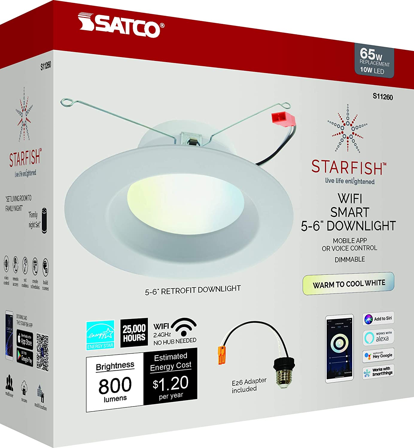 Satco S11260 Starfish 5-6 Inch Retrofit WiFi Smart LED Recessed Downlight, Works with Siri, Alexa, Google Assistant, SmartThings, Tunable White, 800 Lumens