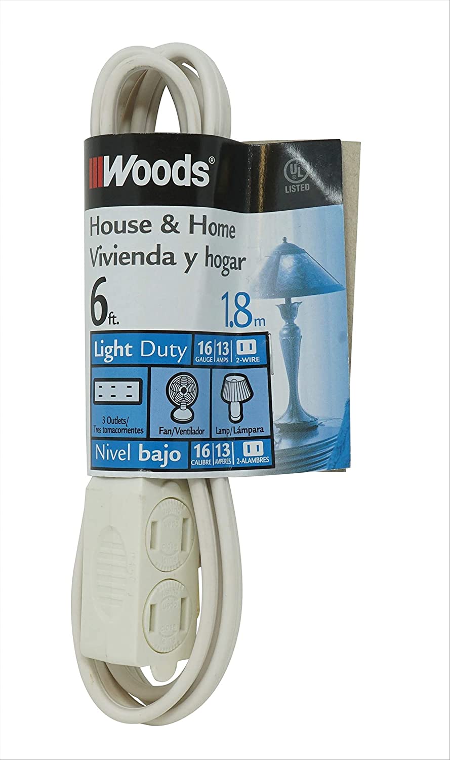 Woods 0600W 3-Outlet 16/2 Cube Extension Cord w/ Power Tap; 6-Feet (White)
