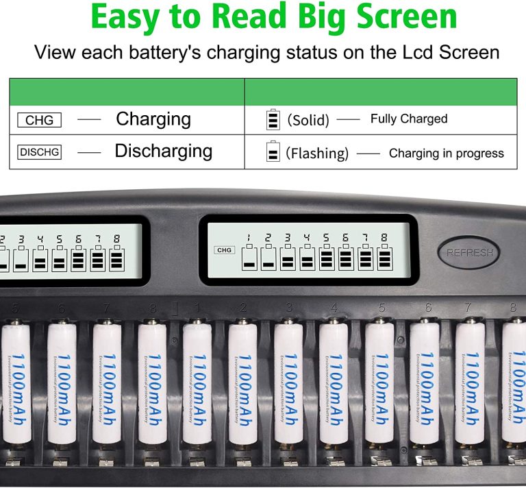 16 Bay Smart Battery Charger LCD Display for AA/AAA NiMH/NiCd Rechargeable Batteries with Built-in IC Protection & AC Wall Adapter (Upgraded Charger White/Blue Screen)