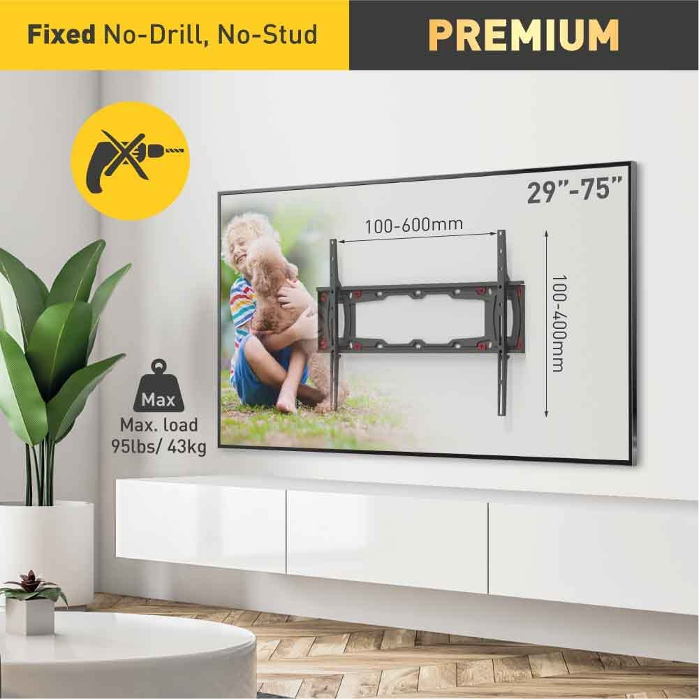 Barkan TV Wall Mount, 19 - 65 inch Fixed, Drywall No Stud No Drill Screen Bracket, Holds up to 71lbs, Auto Lock Patented, 5 Year Warranty , Fits LED OLED LCD, Including 6 ft 4K HDMI Cable Black
