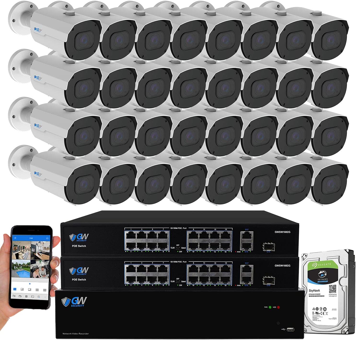 GW Security 32 Channel 4K NVR 8MP (3840×2160) H.265+ IP PoE Starlight Security Camera System with 32 Outdoor/Indoor 2.8-12mm Varifocal Zoom 8.0 Megapixel Microphone Smart AI Cameras, Human Detection