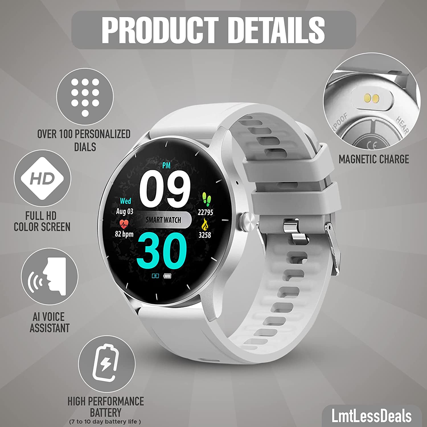 LmtLessDeals ZL50 Smart Watch Full HD Display Touch Screen for Android & iOS Phones – GPS & Fitness Tracker Watches – Heart Rate Sleep & Blood Oxygen Monitor – SMS Reminder Dial & Receive (Silver)