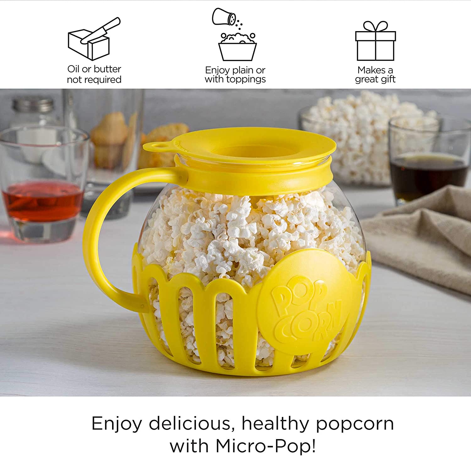 Ecolution Patented Micro-Pop Microwave Popcorn Popper with Temperature Safe Glass, 3-in-1 Lid Measures Kernels and Melts Butter, Made Without BPA, Dishwasher Safe, 3-Quart, Blue