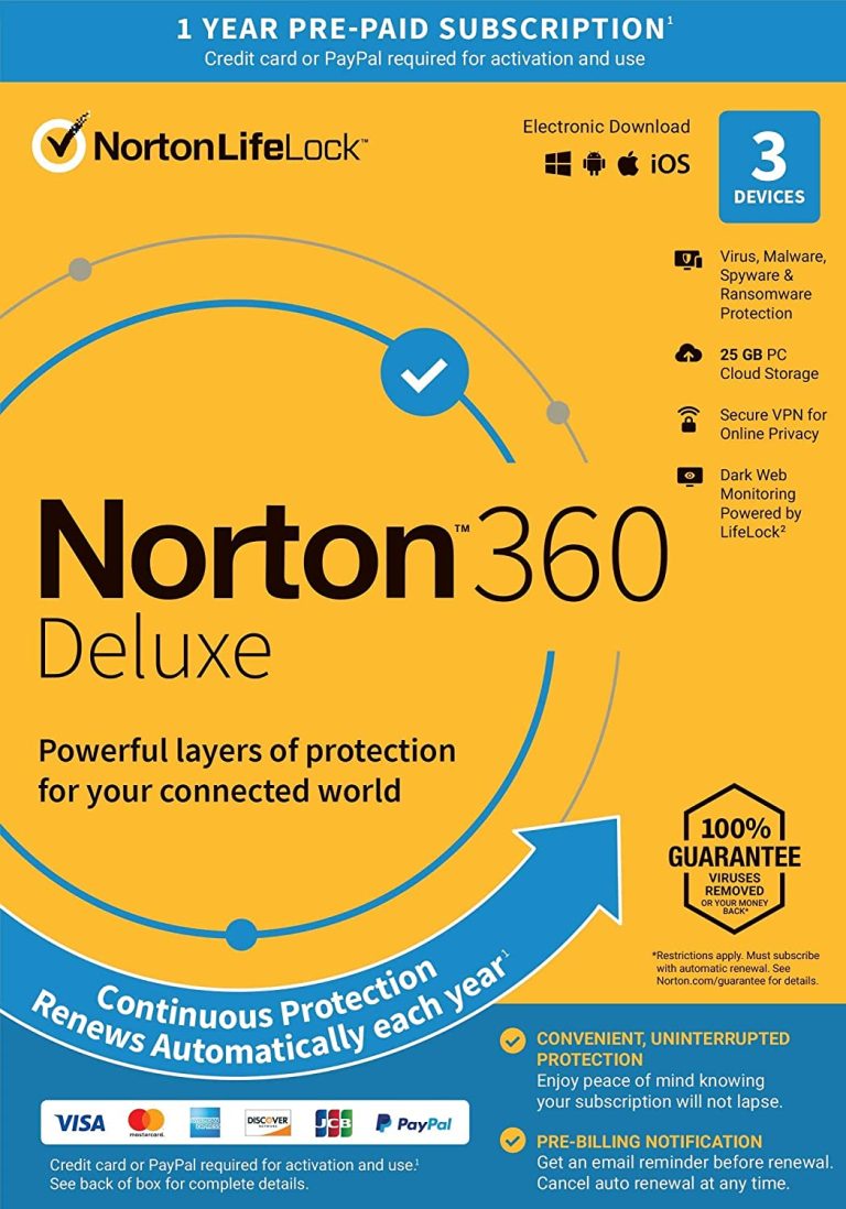 Norton 360 Deluxe 2023, Antivirus software for 3 Devices with Auto Renewal – Includes VPN, PC Cloud Backup & Dark Web Monitoring [Key Card]