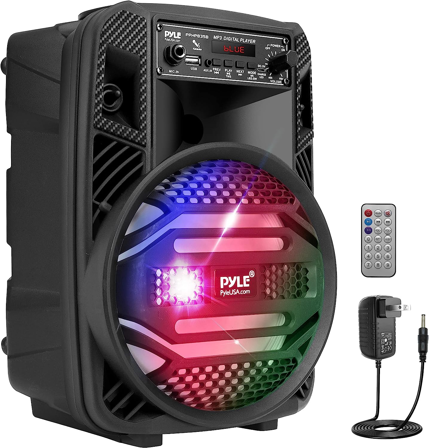 Pyle Portable Bluetooth PA Speaker System – 300W Rechargeable Outdoor Bluetooth Speaker Portable PA System w/ 8” Subwoofer 1” Tweeter, Microphone In, Party Lights, MP3/USB, Radio, Remote -PPHP835B