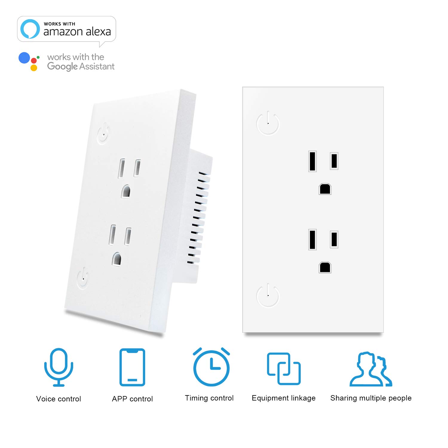 Smart Outlet 2 AC sockets WiFi Smart Outlet in Wall Compatible with Alexa & Google Assistant,15 Amp No Hub Required,Remote Control via Smartphone,Overload Protection