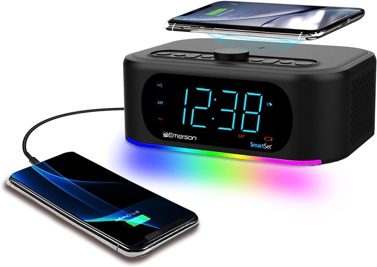 Emerson Radio ER100401 Smartset 15Watt Ultra Fast Wireless Charging Dual Alarm Clock Radio with Bluetooth Speaker, USB Charger, Cyan LED Night Light and 1.4″ Display , Black