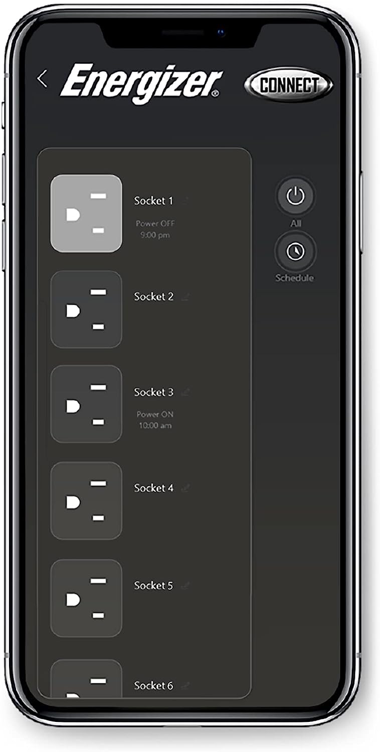 Energizer Connect 6 Outlet Smart Surge Protector, 1,200 Joules, Remote Access/Custom Schedules, Compatible with Alexa/Siri/Google Assistant, Low Profile Angled Plug, 3ft Cord, Connect to Your Wi-Fi