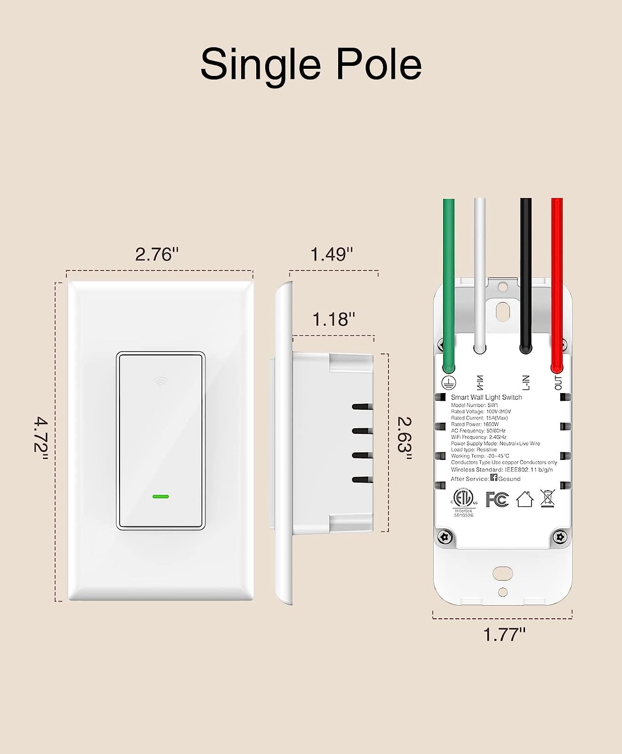 GHome Smart Switch,Smart Wi-Fi Light Switch for Lights Works with Alexa and Google Home 2.4Ghz, Single-Pole,Neutral Wire Required,UL Certified,Voice Authority (4 Pack)