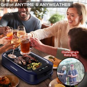 Indoor Grill, CUSIMAX Smokeless Grill Indoor, Electric Grill Griddle, 1500W Korean BBQ Grill with LED Smart Display & Tempered Glass Lid, Non-stick Removable Grill Plate & Griddle Plate, Red