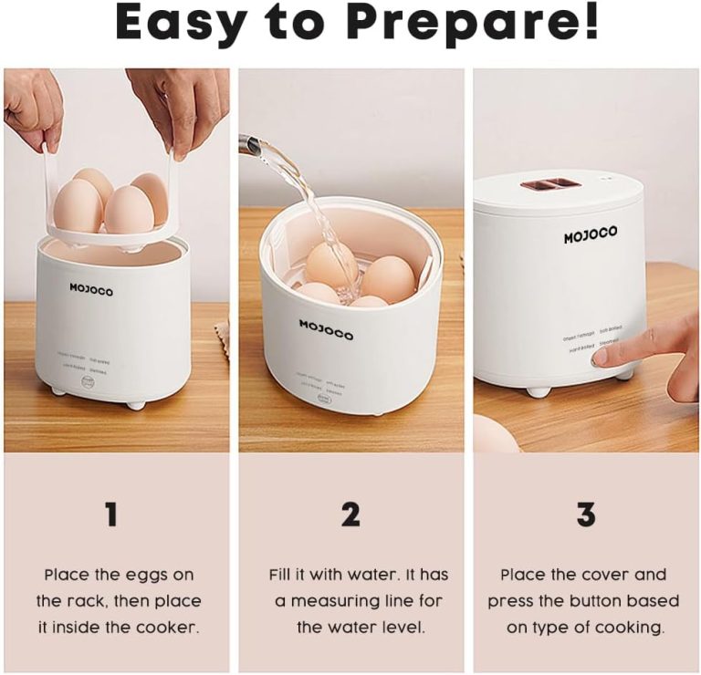 Mojoco Rapid Egg Cooker – Mini Egg Cooker for Steamed, Hard Boiled, Soft Boiled Eggs and Onsen Tamago – Electric Egg Boiler for Home Kitchen, Dorm Use – Smart Egg Maker with Auto Shut OFF and Alarm