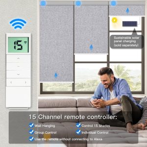 Tokblind Motorized Roller Blinds with Remote Control, Blackout Smart Window Shade Work with Alexa Google via Hub, Rechargeable Electric Blinds for Windows Custom Width 22"-98" (Fabric Grey)