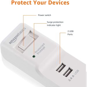 Amazon Basics Rectangular 6-Outlet Surge Protector Power Strip with 2 USB Ports - 1000 Joule, White, 6 ft