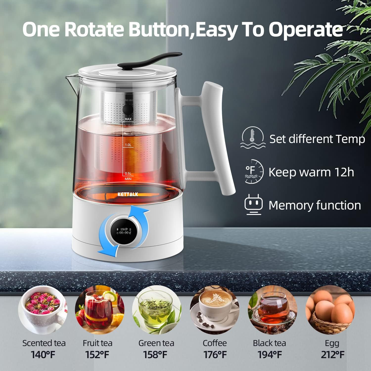 Electric Kettle,1.2L Electric Tea Kettle With Touch Control, Smart Temperature Control Hot Water Kettle With Removable Infuser,Tea Maker Coffee Pot Auto Shut-Off & Boil Dry Protection, 12H Keep Warm