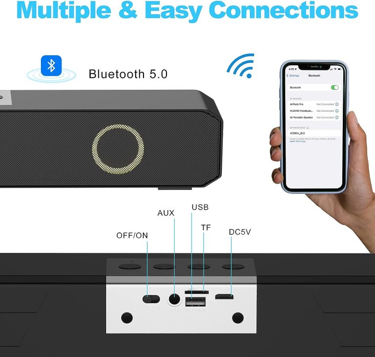 PHXCHAM Home Mini Bluetooth Speaker, Portable Wireless Sound Bar with Multi-Color Flashing Lights Compatible with PC, Laptop, Smartphone