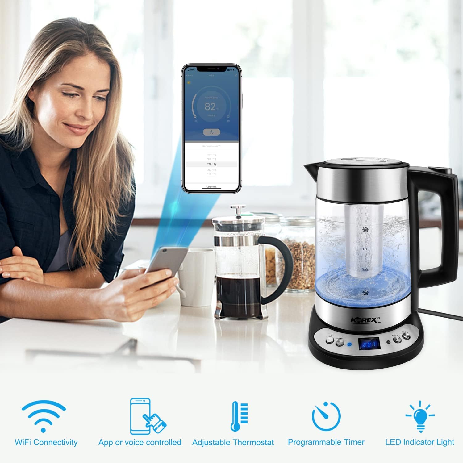 Smart Electric Kettle APP Control, Korex Glass Water Boiler Included Filter Suitable for Alexa Google Home Assistant 1.7 L BPA FREE Great for Coffee Tea Milk With Overheat Protection Controlled by Smartphone