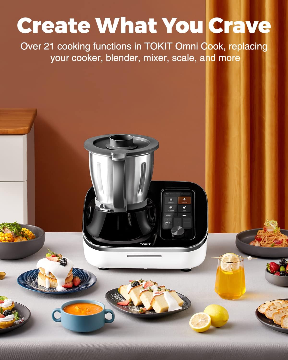 TOKIT Omni Cook Robot, All-in-1 Multi-Cooker, 95°F~356℉ CookingIoT Temperature Control Chip, 7″ Touchscreen w/ 3000+ Built-in Guided Recipes, Slow Cooker, Chopper, Steamer, Juicer, Blender, Boil, Sous-Vide, Knead, Weigh, 2.2L(2.3QT), Black