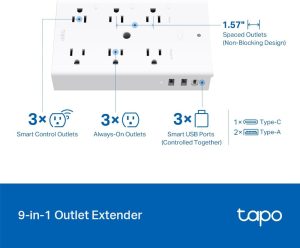 TP-Link Tapo Smart Plug Outlet Extender, Surge Protector, 18W Fast Charging, 3 Individual Smart Outlets, 1x USB-C & 2X USB-A, Smart Night Light, Works w/Apple HomeKit, Alexa & Google Home, Tapo P306