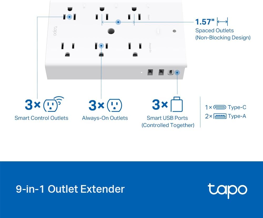 TP-Link Tapo Smart Plug Outlet Extender, Surge Protector, 18W Fast Charging, 3 Individual Smart Outlets, 1x USB-C & 2X USB-A, Smart Night Light, Works w/Apple HomeKit, Alexa & Google Home, Tapo P306