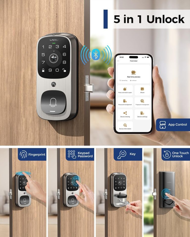 LNDU Smart Lock with Camera, 6 in 1 Camera+Doorbell+Fingerprint Keyless Entry Door Lock, WiFi Door Locks for Front Door with 32GB eMMC, 2K Doorbell Camera, App Control, PIR Detection, Chime Included