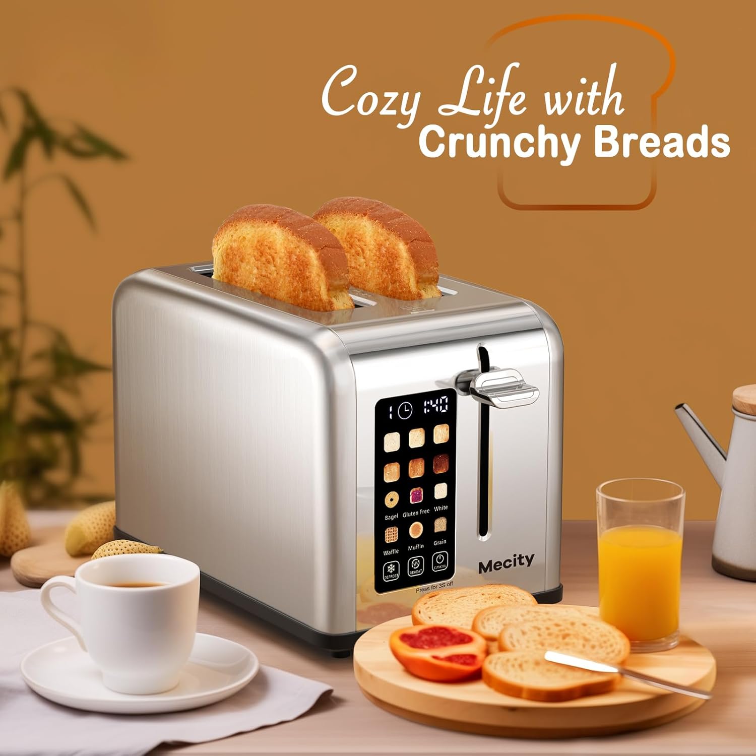 Mecity 2 Slice Toaster Touch Screen 1.5″ Wide Slot, Stainless Steel Smart Bread Toaster for Bagel Muffin Waffle Gluten Free Breads, Timer, Defrost, Reheat, 120V 825W