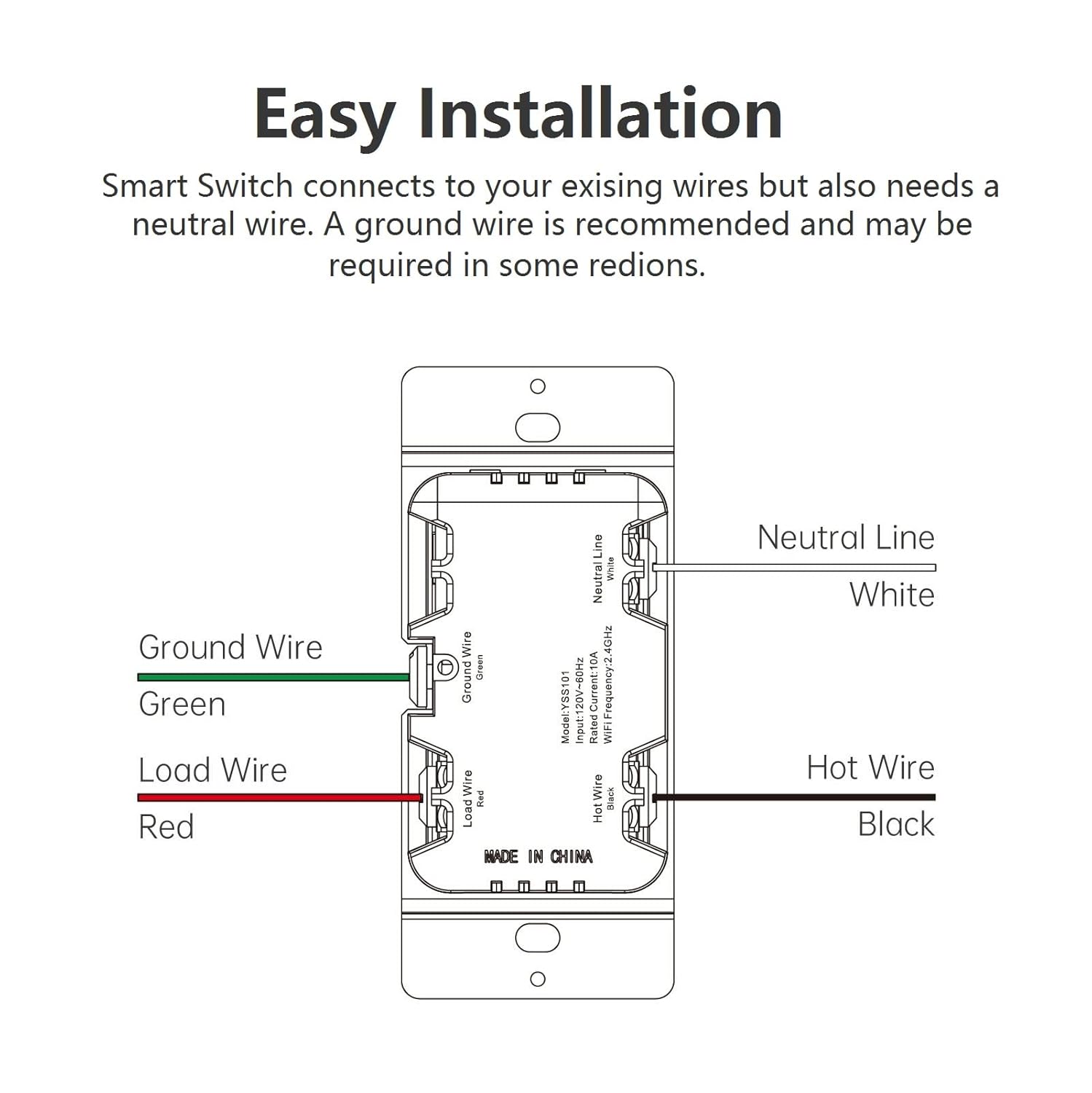 Smart Light Switch, Single Pole 2.4Ghz Wi-Fi Switch, Compatible with Alexa and Google Assistant for Voice Control, Smart Life/Tuya APP Remote Control, No Hub Required, Need Neutral Wire, ETL&FCC, 10A