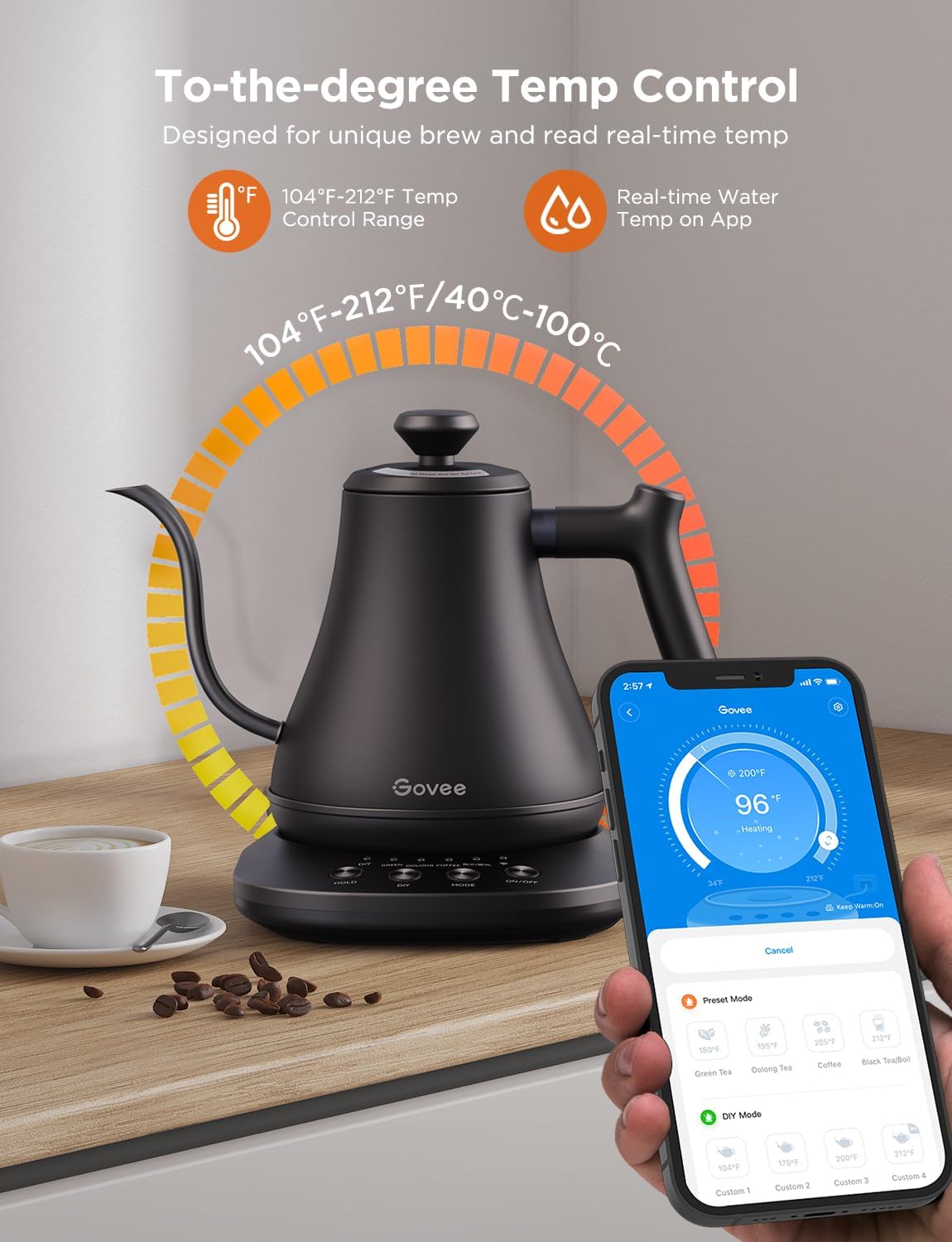 Govee Smart Electric Kettle, WiFi Variable Temperature Gooseneck Pour Over Kettle and Tea Kettle, Alexa Control, 1200W Quick Heating, 100% Stainless Steel, 0.8L, Matte Black