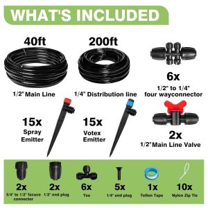 Maotong 240FT Drip Irrigation System Kit New Quick-Connect, Automatic Garden Watering Misting System for Greenhouse, Yard, Lawn, Plant with 1/2 inch Hose 1/4 inch Distribution Tubing and Accessories