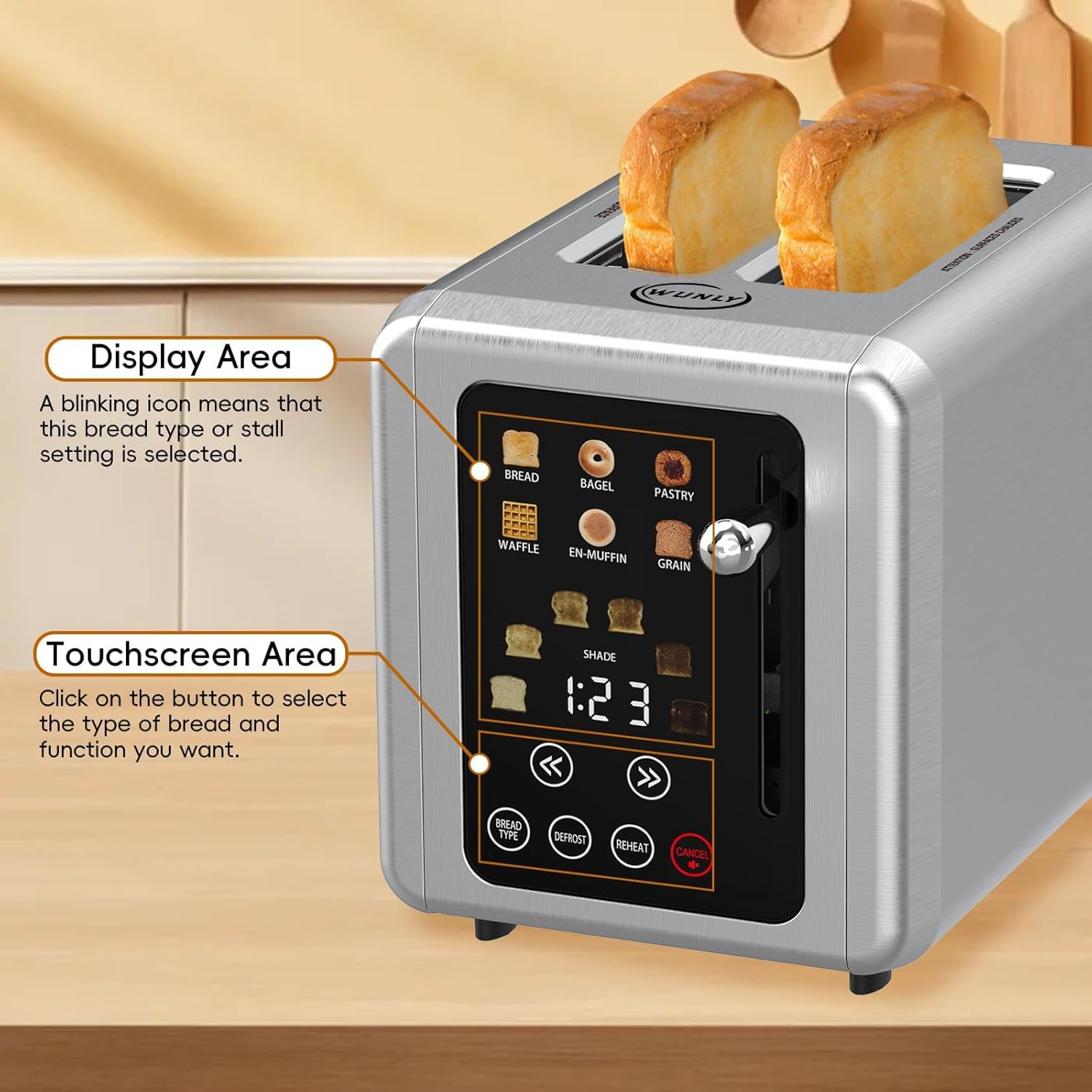 Touch screen Toaster slice, Stainless Steel Digital Timer Toaster with Sound Function, 6 Bread Types & 6 Shade Settings, Smart Extra Wide Slots Toaster with Bagel, Defrost Functions (grey, 2)