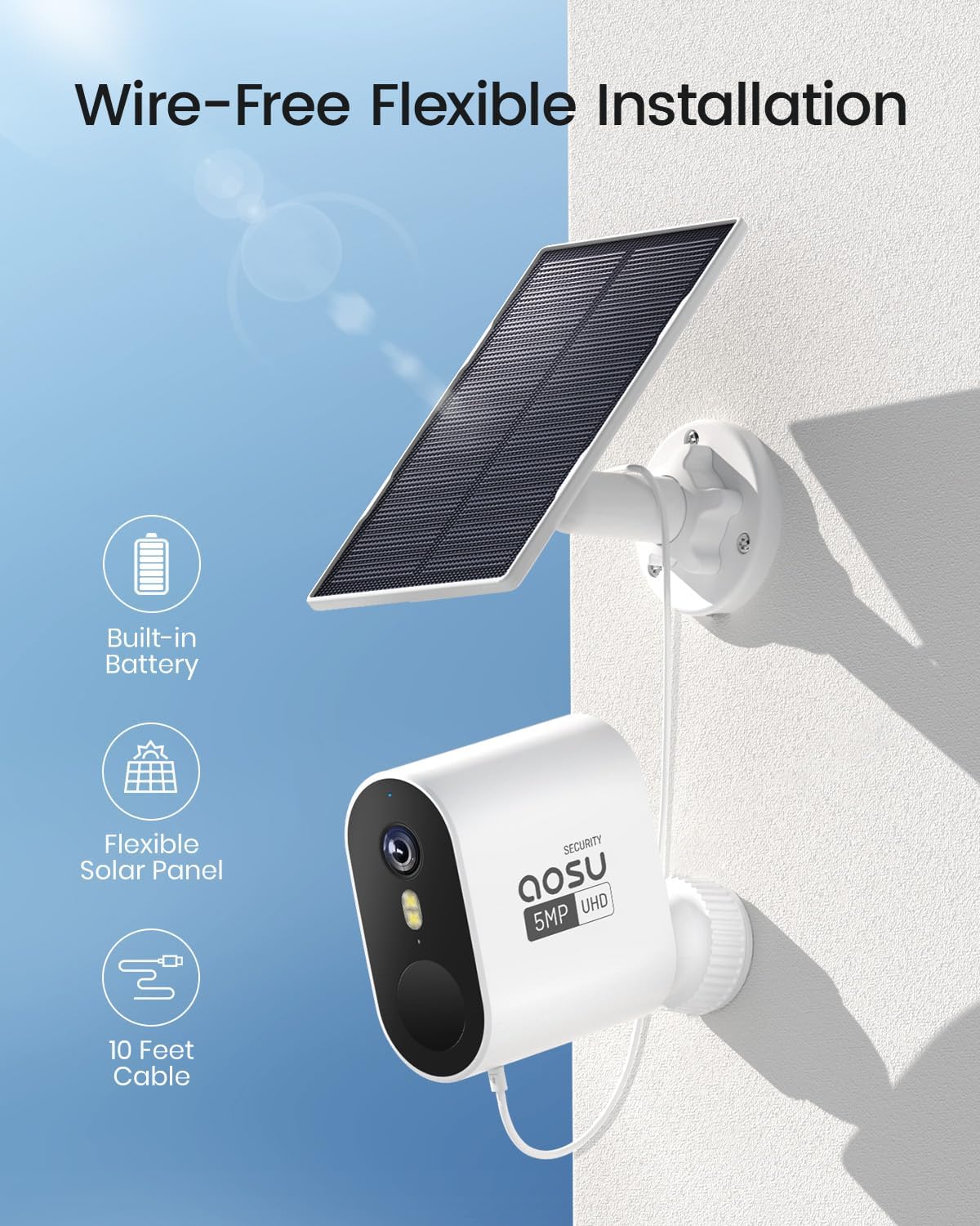 AOSU 3K/5MP Solar Security Cameras Wireless Outdoor, Ultra-Wide-Angle, Cam-to-Cam Track & Sync, Home Security System with Color Night Vision, Spotlight Smart Alarm, No Subscription, 2.4G & 5G WiFi