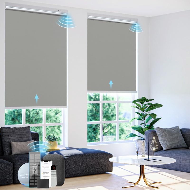 Motorized Roller Blinds with Remote Control【Solar Panel Included】 100% Blackout Smart Blinds Automatic Blinds for Windows Cordless Electric Shades Compatible with Alexa White,20″ W*72″ H