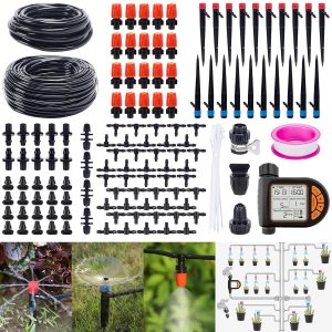 226FT Automatic Drip Irrigation System Kit with LCD Timer, 3 Sprayers Types Automatic Garden Watering System, 1/2 Inch Hose 1/4 Inch Distribution Tubing Garden Watering Solution for Outdoor Plants