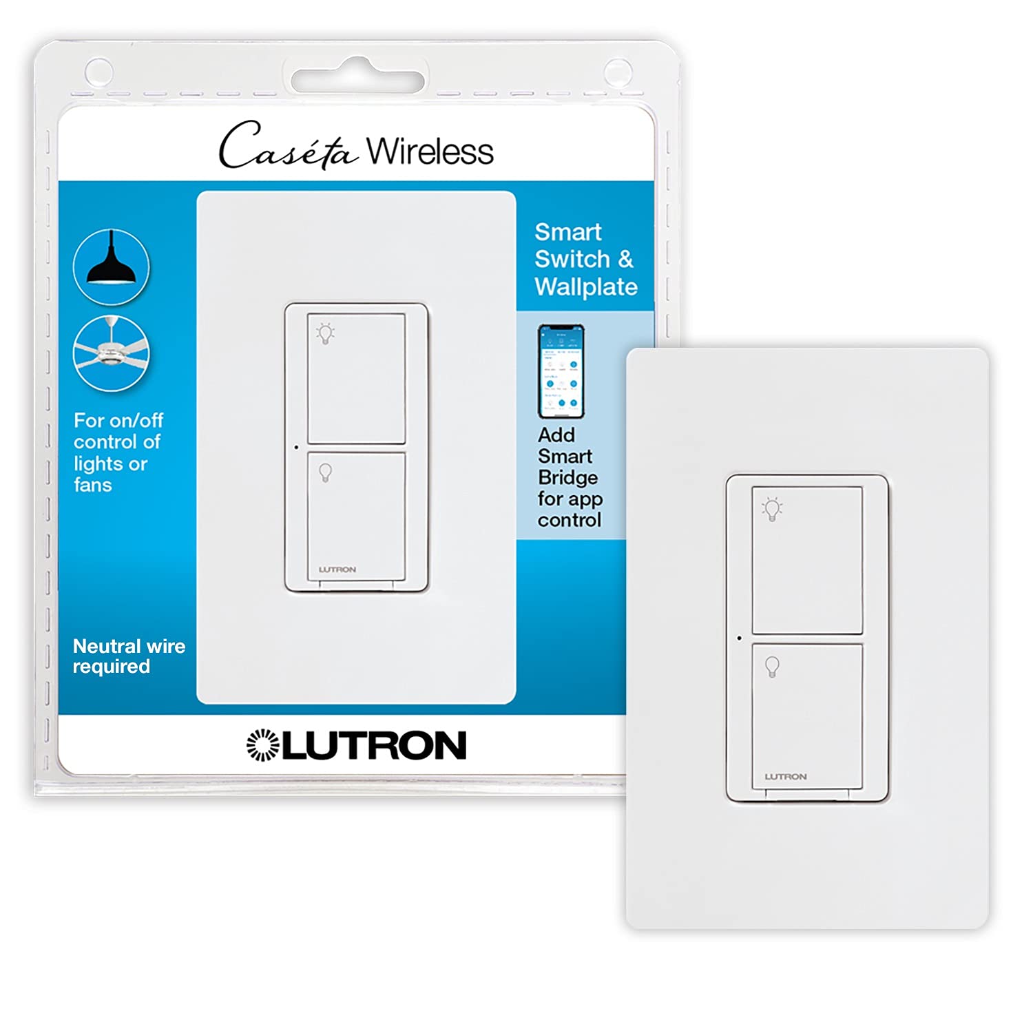 Lutron Caseta Smart Lighting Kit w/ Hub, Original Switch, & Wall Plate, for Light Bulbs and Fans, Works w/ Alexa, Apple Homekit, Google Home, 5A Single-Pole/3-Way, Neutral Required, P-BDG-PKG1WS