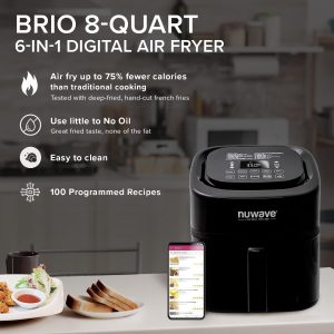 Nuwave Brio 10-in-1 Air Fryer, 6 QT Airfryer Capacity with Smart Probe, Roast Grill Bake for Fast Meals, One-Touch Digital Controls, Powerful 1800W Fryer, 100 Recipes, Removable Divider & Grill Pan