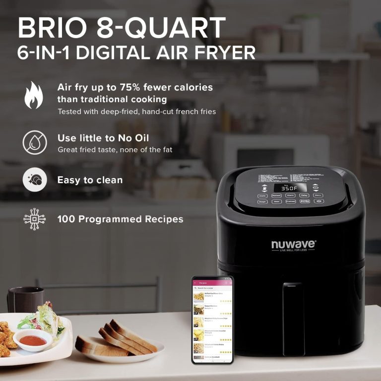 Nuwave Brio 10-in-1 Air Fryer, 6 QT Airfryer Capacity with Smart Probe, Roast Grill Bake for Fast Meals, One-Touch Digital Controls, Powerful 1800W Fryer, 100 Recipes, Removable Divider & Grill Pan