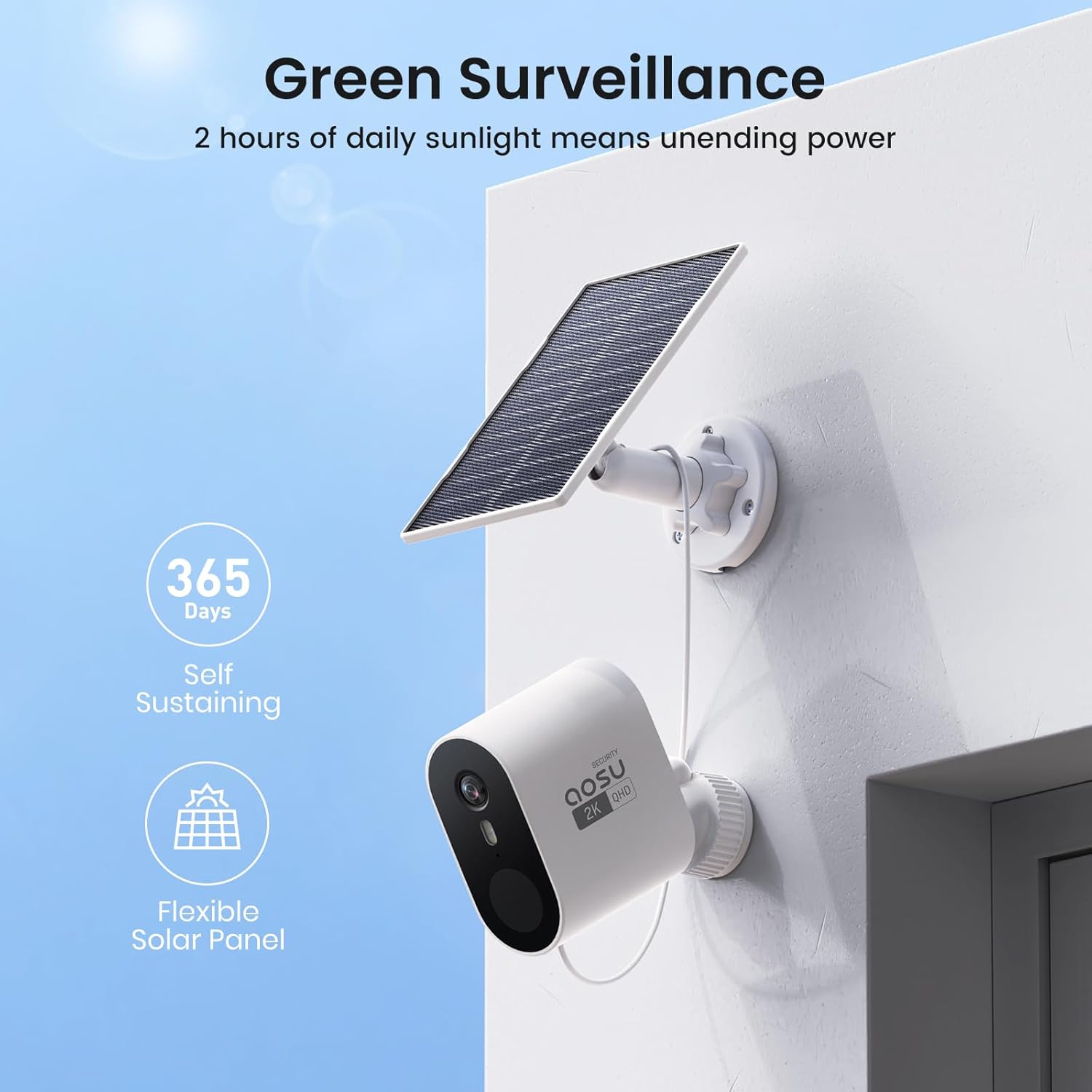 AOSU Solar Security Cameras Wireless Outdoor, 2K QHD Home Security System, 2 Cameras Kit with 166° Ultra-Wide View, Forever Power, Spotlight Camera, 32G Local Storage, No Monthly Fee