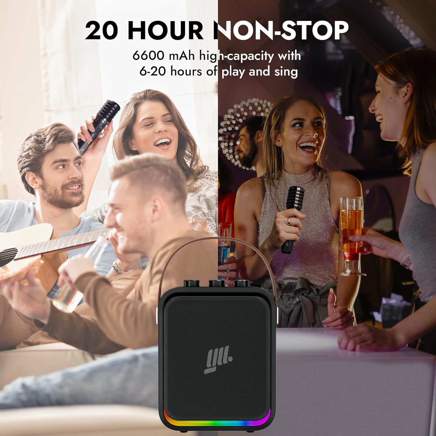 YLL Portable Bluetooth Karaoke Machine: 60W Powerful Speaker with 2 Wireless Microphones, Lightweight with Shoulder Strap, Ideal for Adults & Kids, Home & Outdoor Party